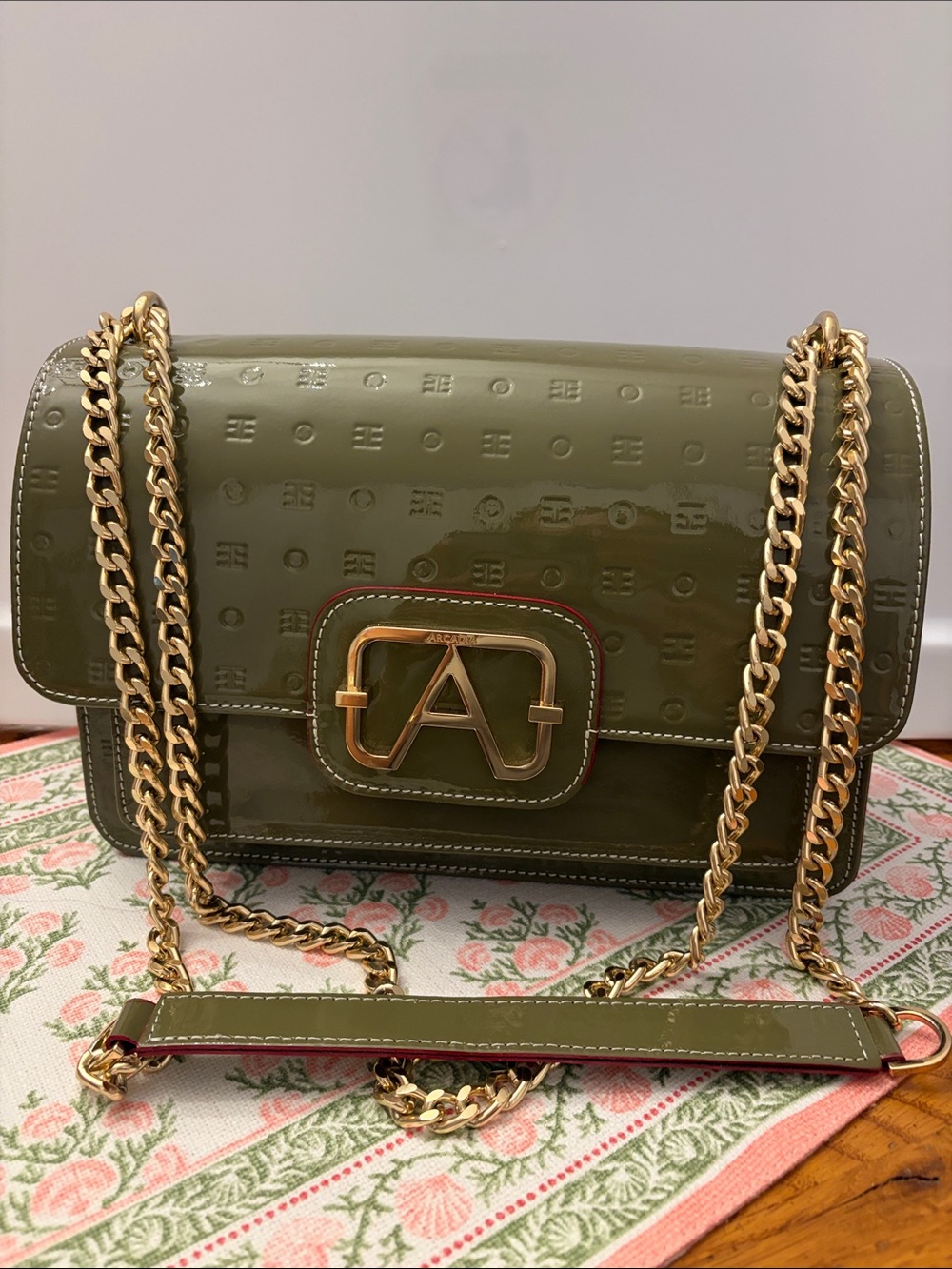 Arcadia Olive Green Patent Crossbody with Gold Chain